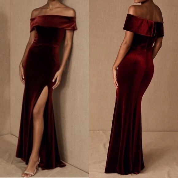 NWT! BHLDN "Fawn" Off Shoulder Velvet Maxi Dress with High Slit - Rose Color - Picture 2 of 10